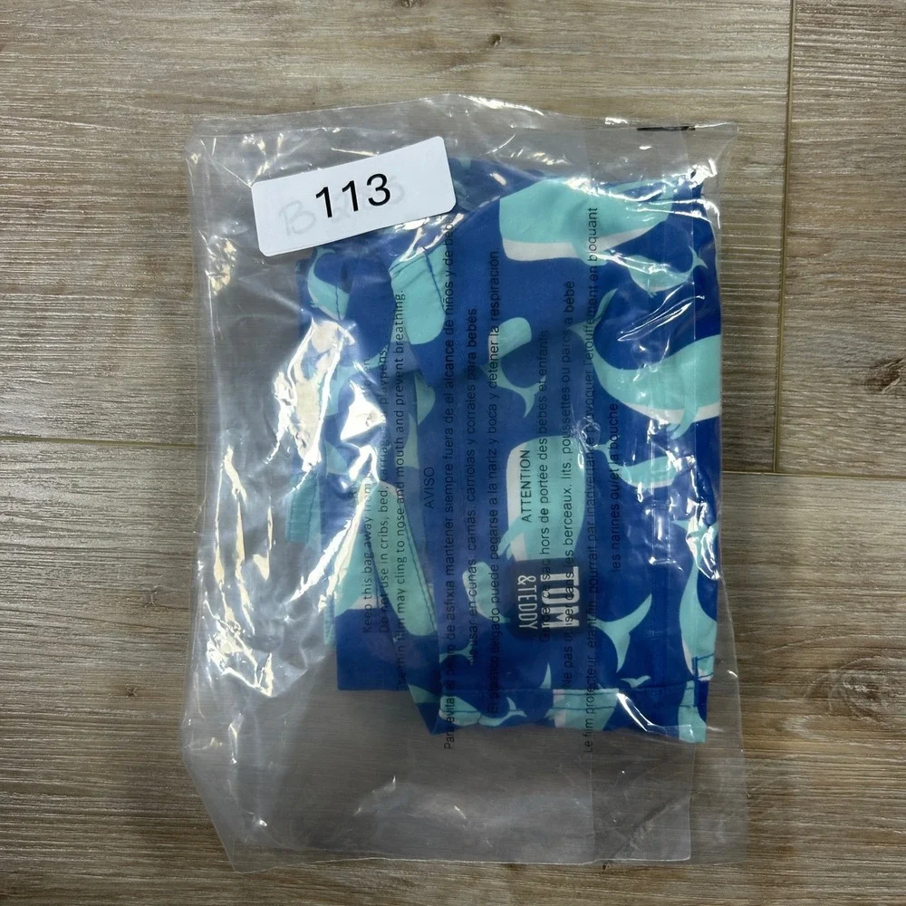 Boys Tom & Teddy Lined Swim‎ Trunks Size 3/4 Blue with Blue Sharks Colorful
